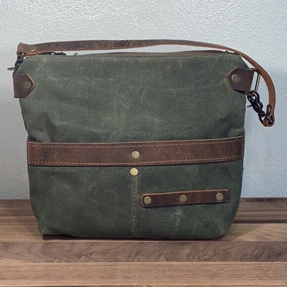 Military Green Canvas Leather Zip Close Multi Pocket Handbag Mini Tote Travel - Picture 1 of 16